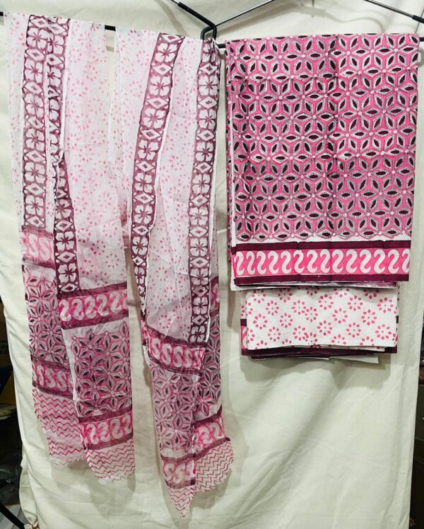 Hand Block Print Cotton Suit With Chiffon Dupatta