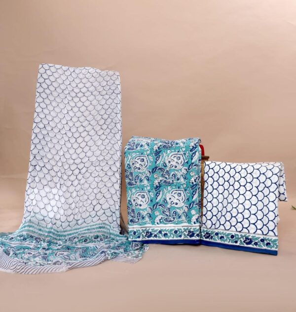 Hand Block Print Cotton Suit With Chiffon Dupatta