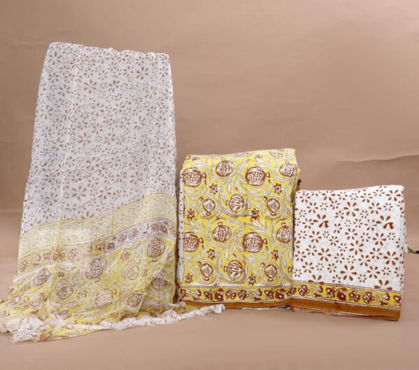 Hand Block Print Cotton Suit With Chiffon Dupatta