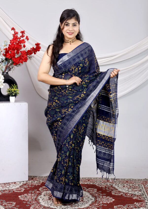 Hand Block Print Linen Cotton Saree