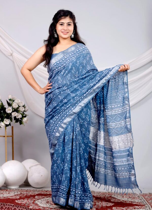 Hand Block Print Linen Cotton Saree