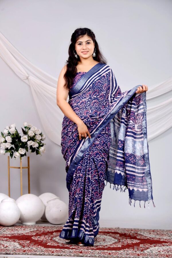 Hand Block Print Linen Cotton Saree