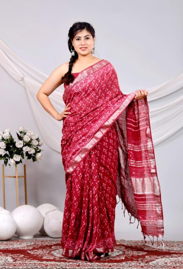 Hand Block Print Linen Cotton Saree