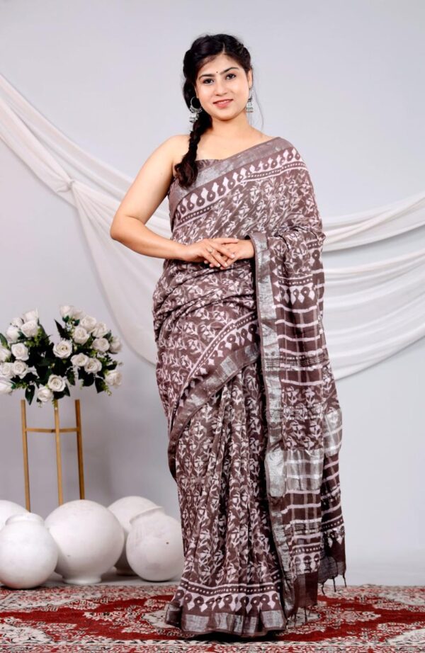 Hand Block Print Linen Cotton Saree