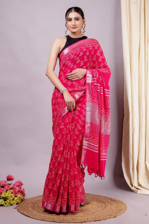 Hand Block Print Linen Cotton Saree