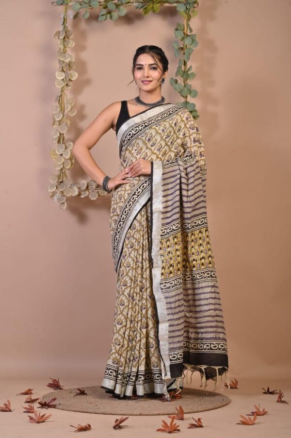 Hand Block Print Linen Cotton Saree