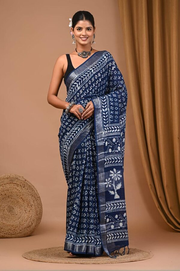 Hand Block Print Linen Cotton Saree