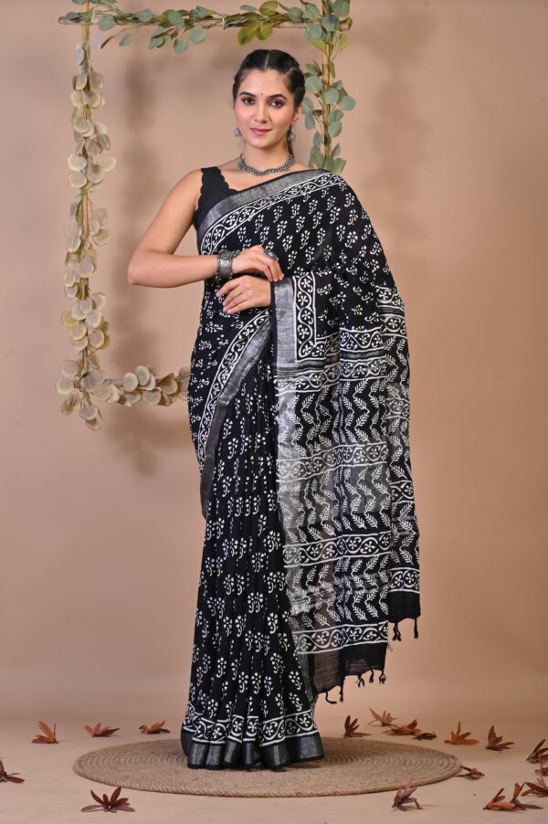 Hand Block Print Linen Cotton Saree
