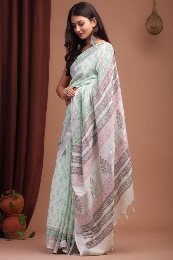 Hand Block Print Linen Cotton Saree