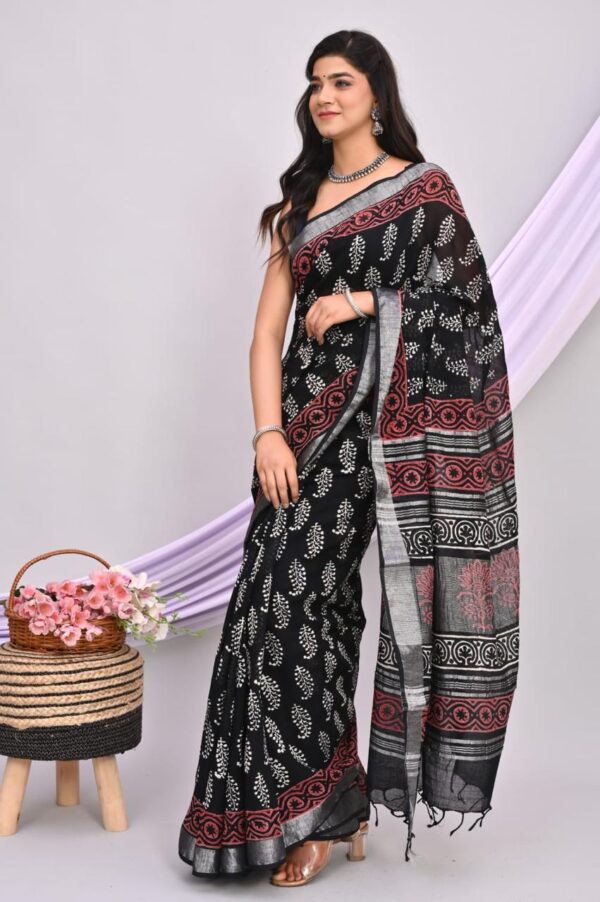 Hand Block Print Linen Cotton Saree