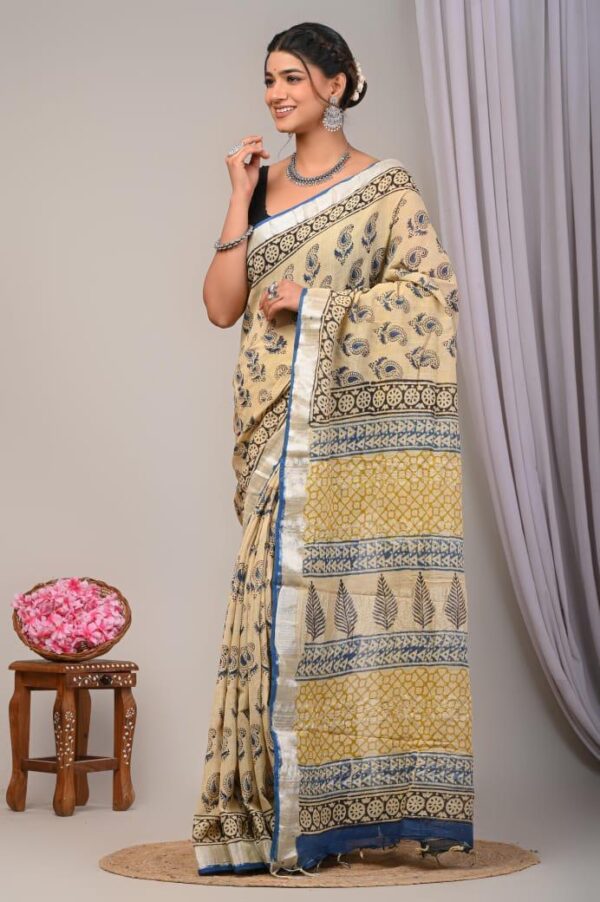 Hand Block Print Linen Cotton Saree