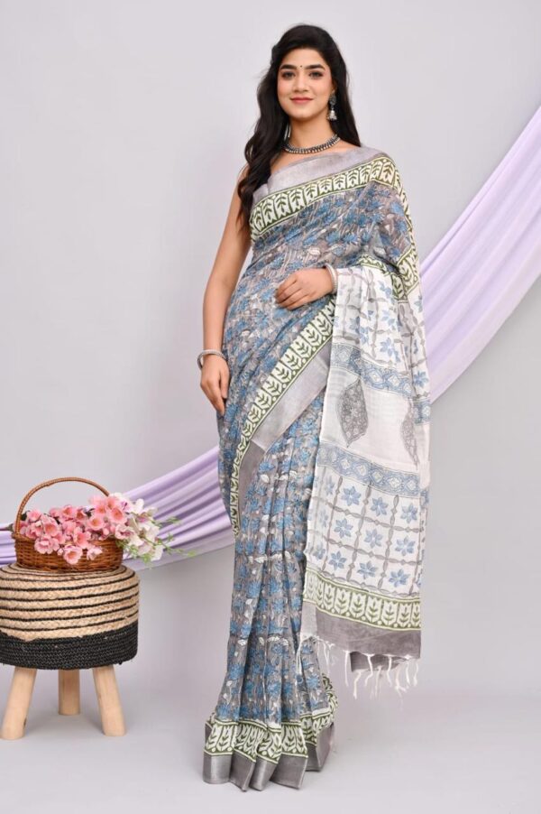 Hand Block Print Linen Cotton Saree