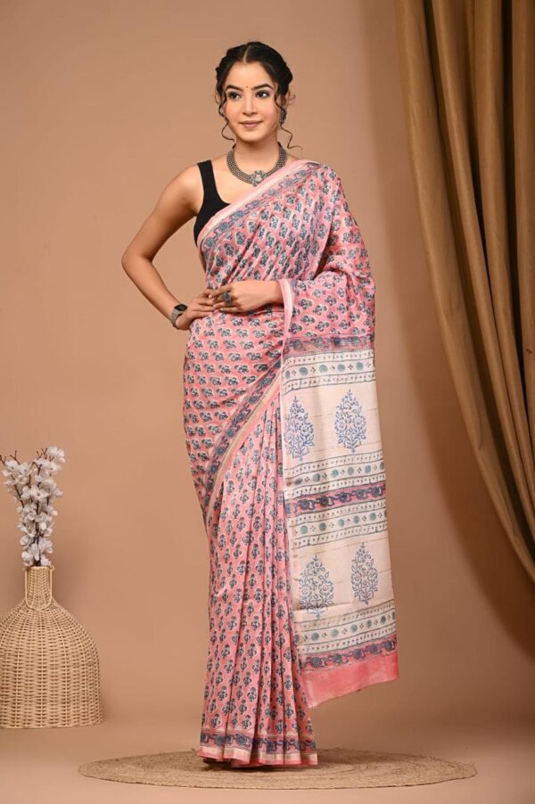 Hand Block Print Chandri Silk Saree