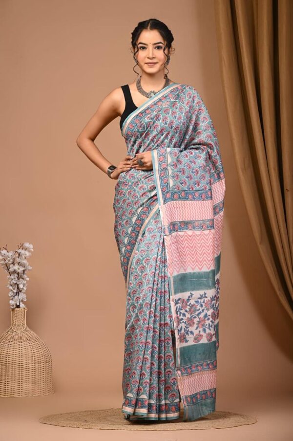 Hand Block Print Chandri Silk Saree