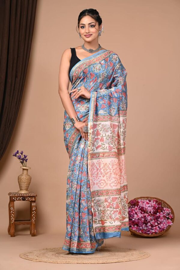 Hand Block Print Chandri Silk Saree