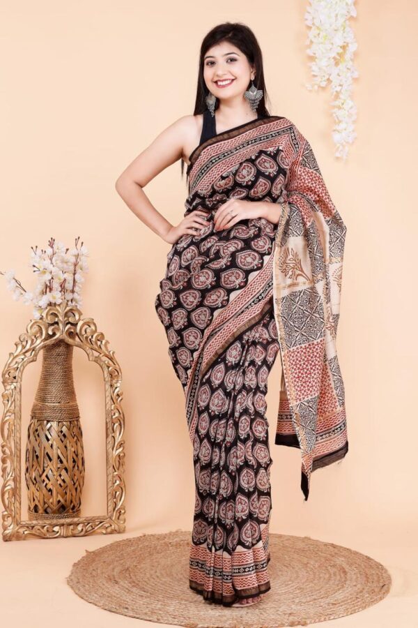 Hand Block Print Chandri Silk Saree
