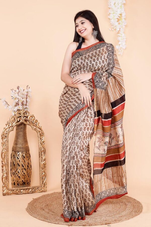 Hand Block Print Chandri Silk Saree