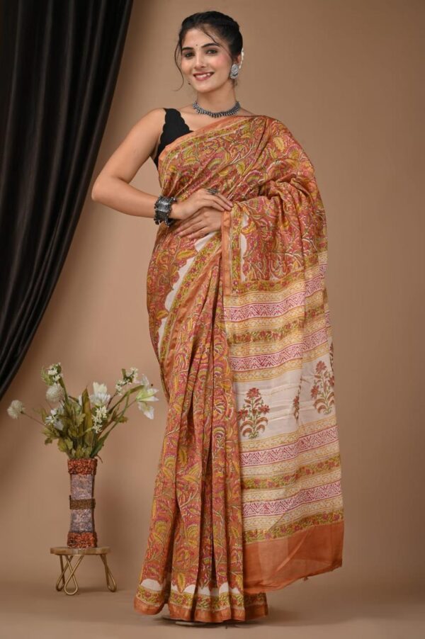 Hand Block Print Chandri Silk Saree