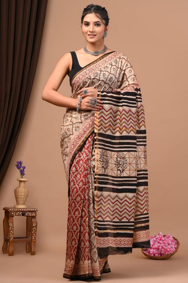 Hand Block Print Chandri Silk Saree