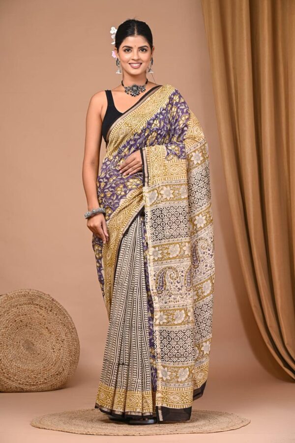 Hand Block Print Chandri Silk Saree