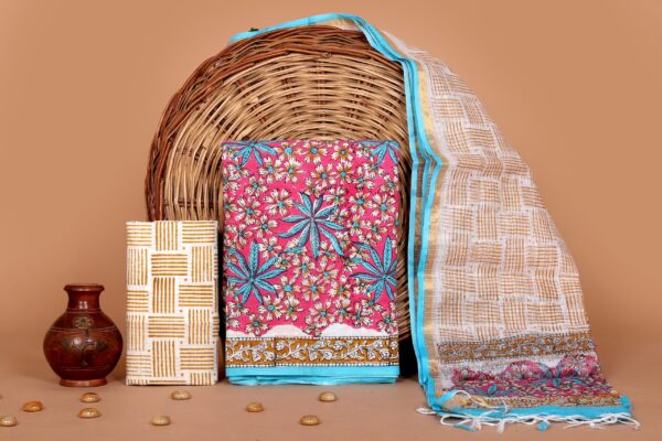Hand Block Print Kantha Suit With Kota Doriya Dupatta