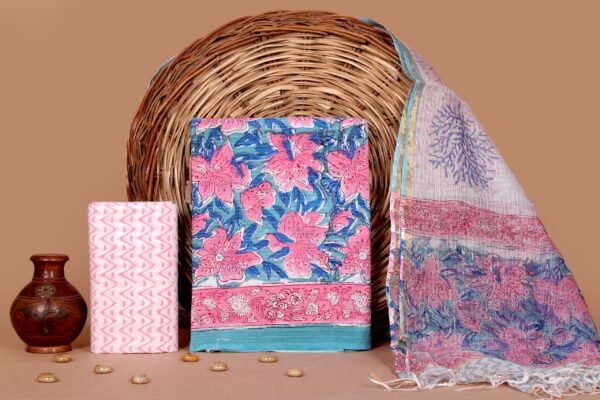 Hand Block Print Kantha Suit With Kota Doriya Dupatta