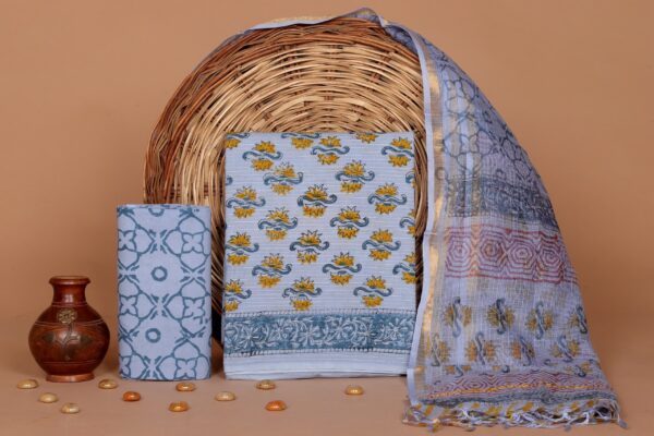 Hand Block Print Kantha Suit With Kota Doriya Dupatta