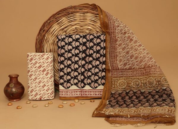 Hand Block Print Kantha Suit With Kota Doriya Dupatta