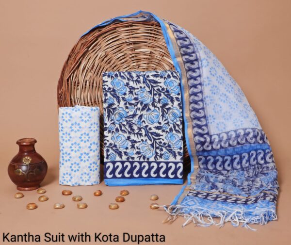 Hand Block Print Kantha Suit With Kota Doriya Dupatta