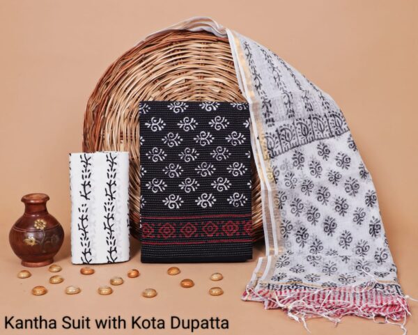 Hand Block Print Kantha Suit With Kota Doriya Dupatta