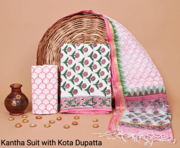 Hand Block Print Kantha Suit With Kota Doriya Dupatta