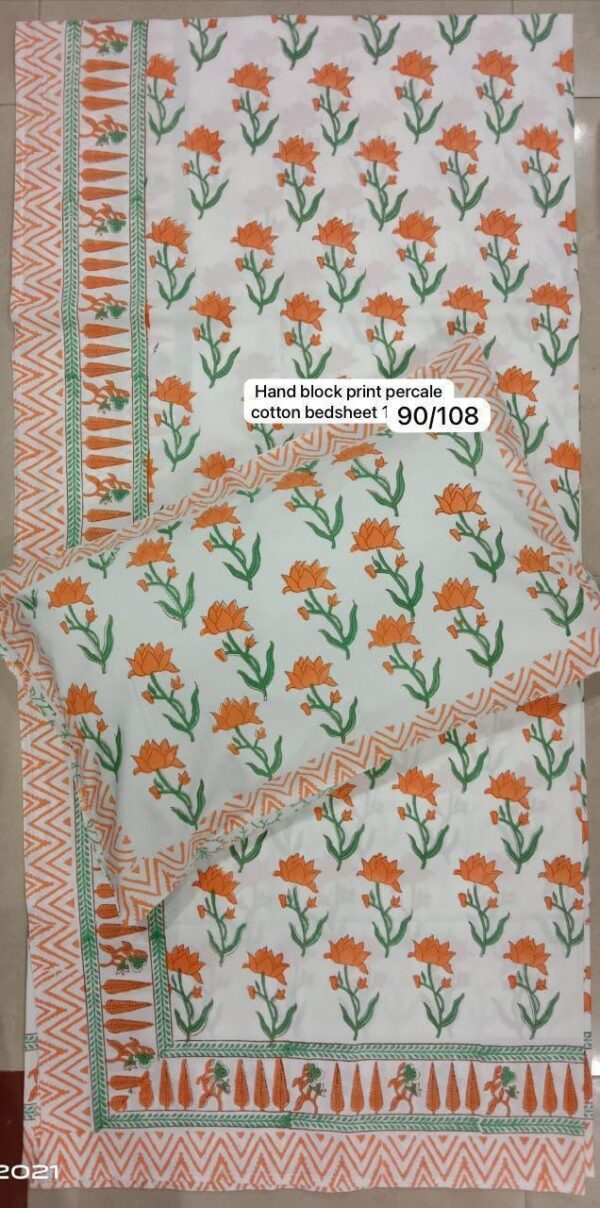 Block Print Percale Bed Sheet With 2 Pillows