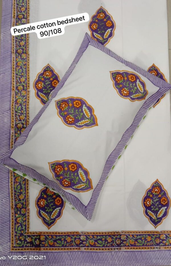 Block Print Percale Bed Sheet With 2 Pillows