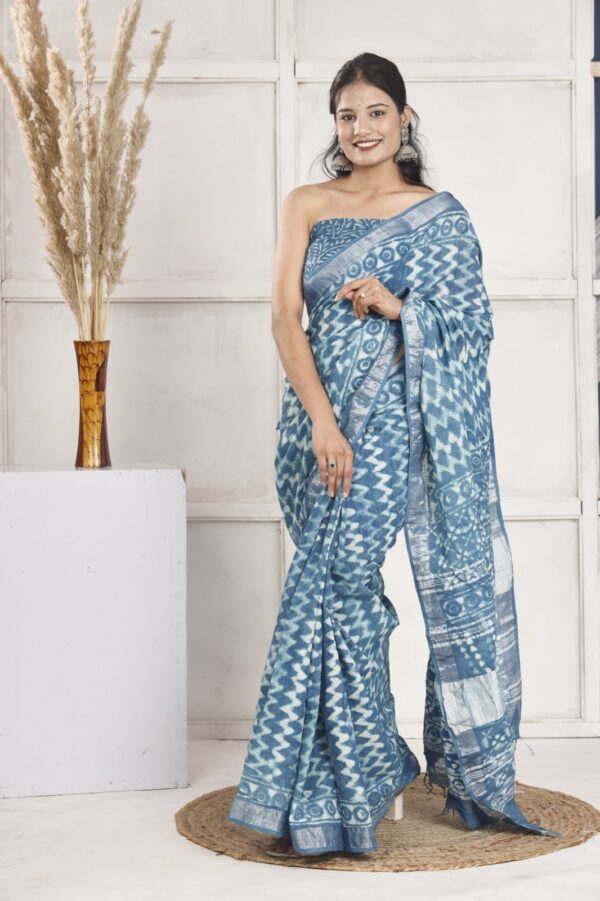 Hand Block Print Linen Cotton Saree