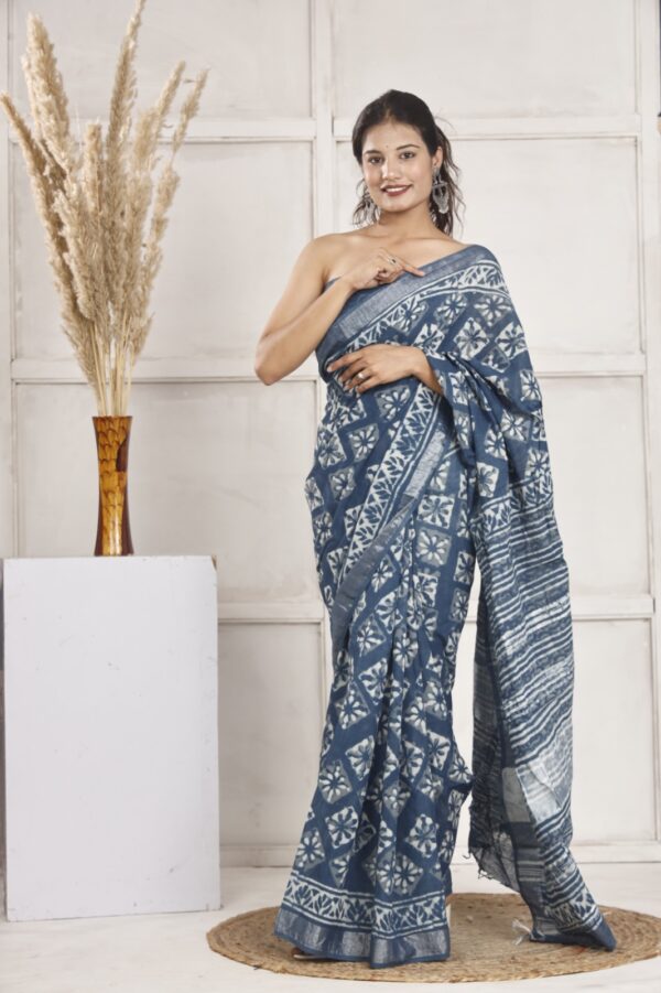 Hand Block Print Linen Cotton Saree