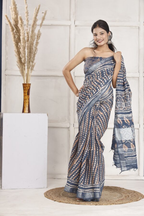 Hand Block Print Linen Cotton Saree