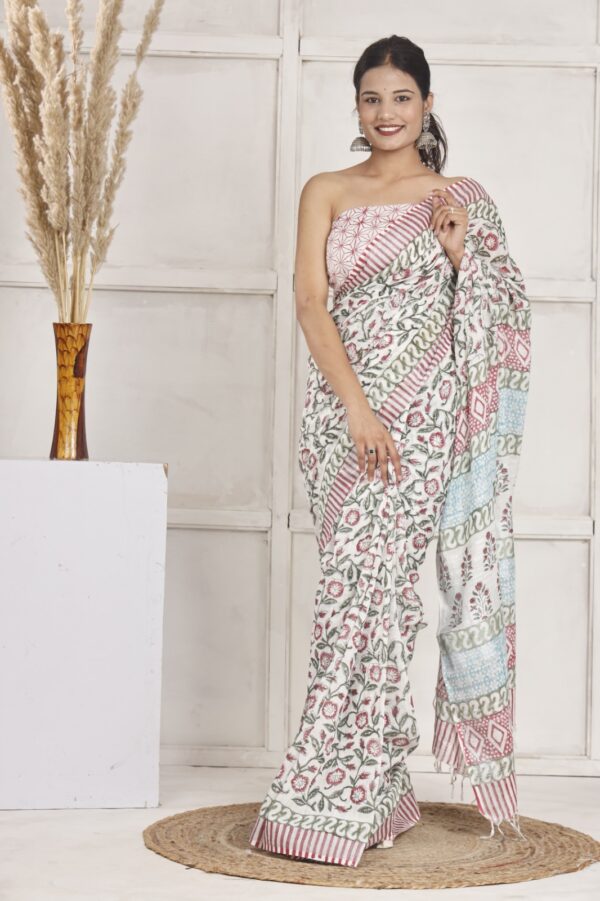 Hand Block Print Linen Cotton Saree