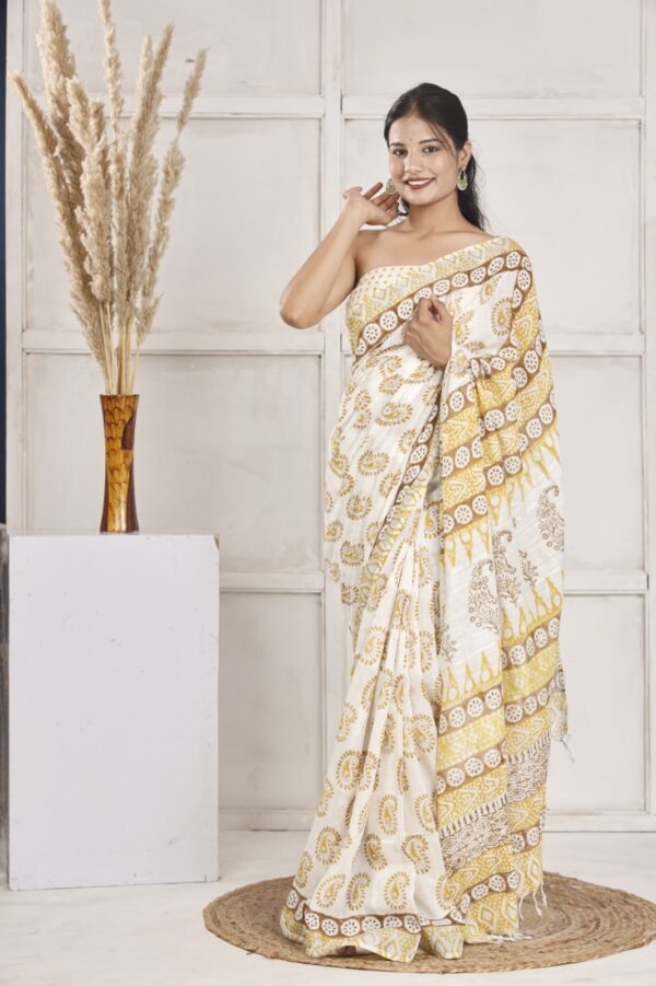 Hand Block Print Linen Cotton Saree