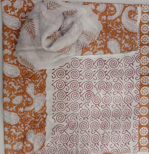 Hand Block Print Cotton Suit With Chiffon Dupatta