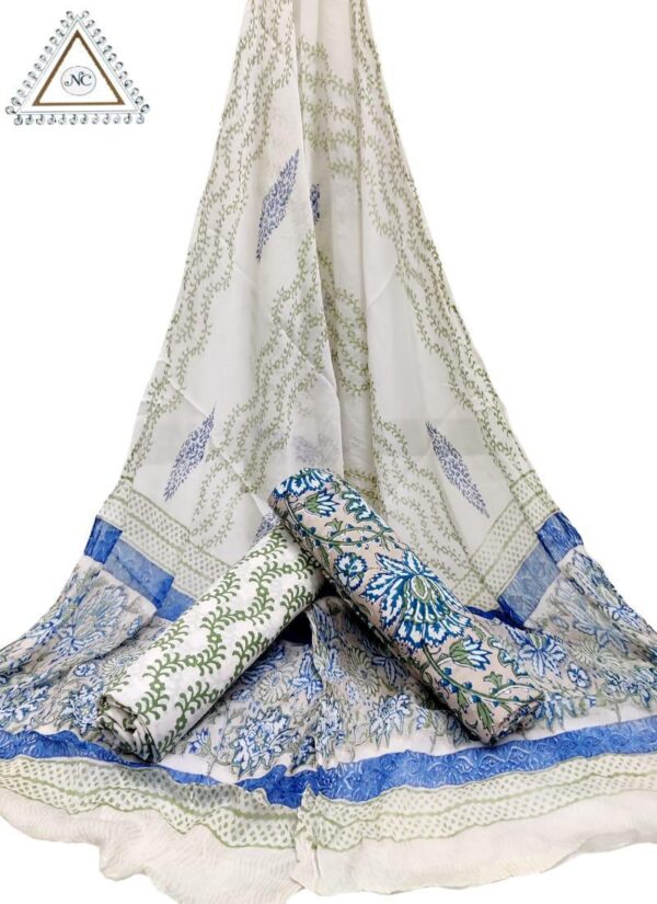 Hand Block Print Cotton Suit With Chiffon Dupatta