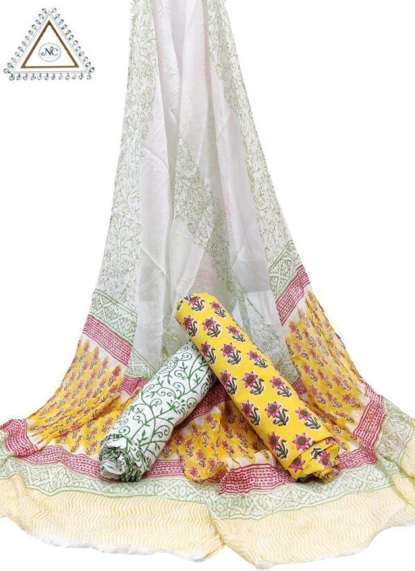Hand Block Print Cotton Suit With Chiffon Dupatta