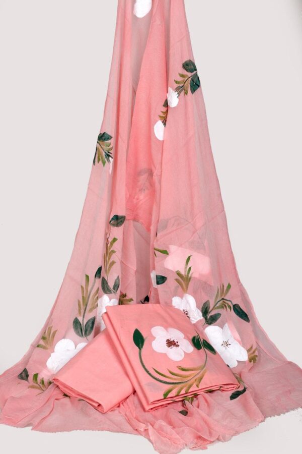 Hand Block Print Cotton Suit With Chiffon Dupatta