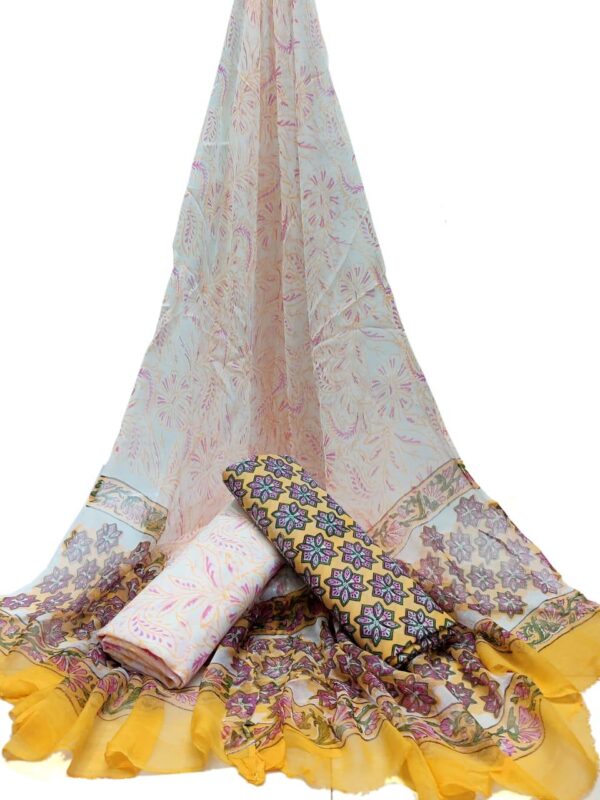 Hand Block Print Cotton Suit With Chiffon Dupatta