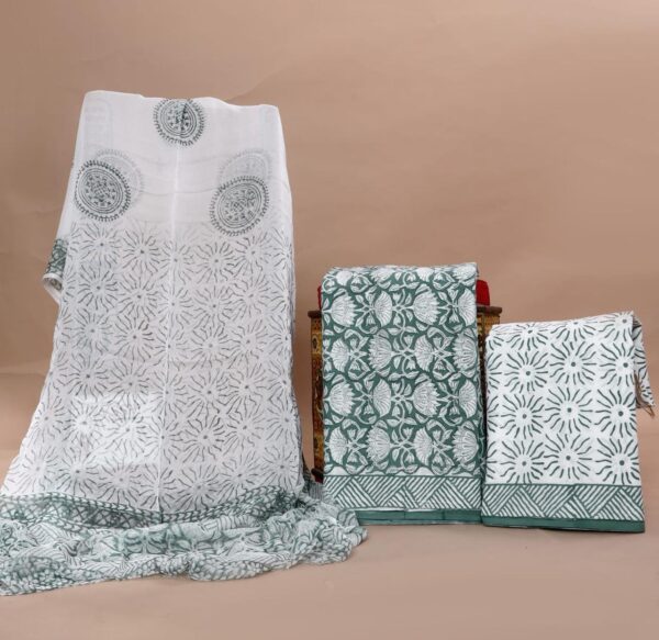 Hand Block Print Cotton Suit With Chiffon Dupatta