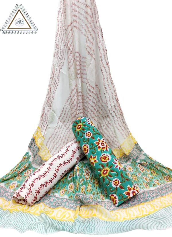 Hand Block Print Cotton Suit With Chiffon Dupatta