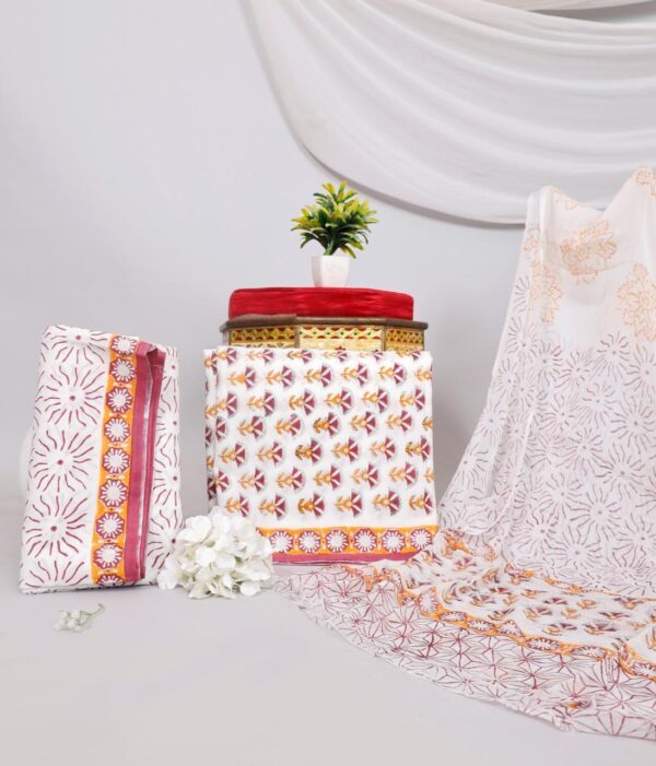 Hand Block Print Cotton Suit With Chiffon Dupatta