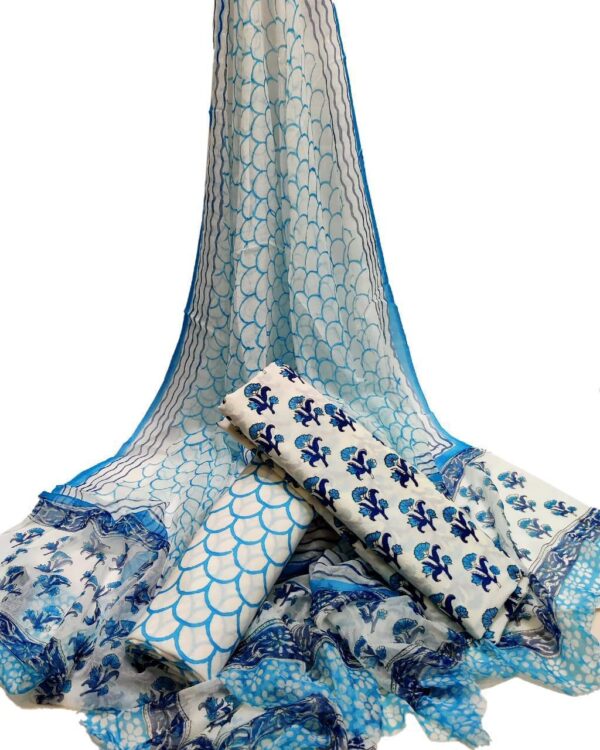 Hand Block Print Cotton Suit With Chiffon Dupatta