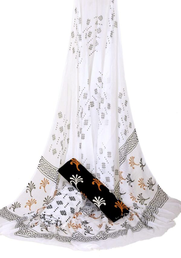 Hand Block Print Cotton Suit With Chiffon Dupatta