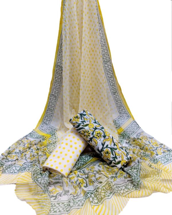 Hand Block Print Cotton Suit With Chiffon Dupatta