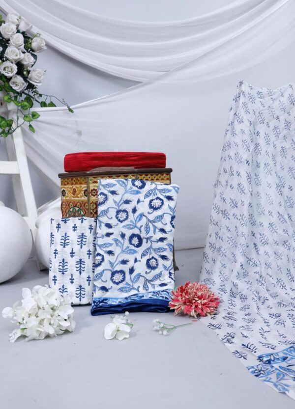 Hand Block Print Cotton Suit With Chiffon Dupatta